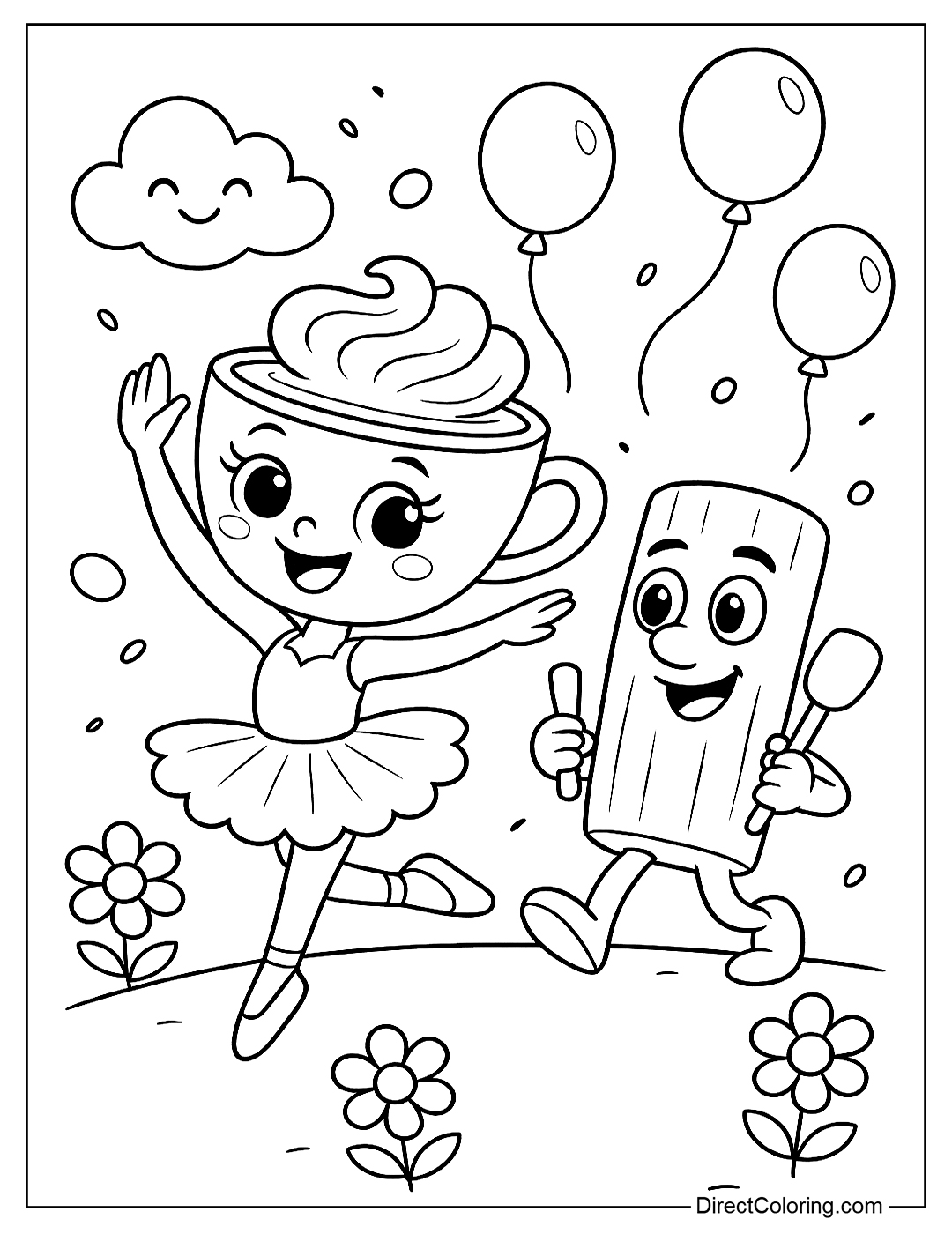 a coloring page of Cappuccina dancing, walking in front like leading the parade, while Sahur walks behind